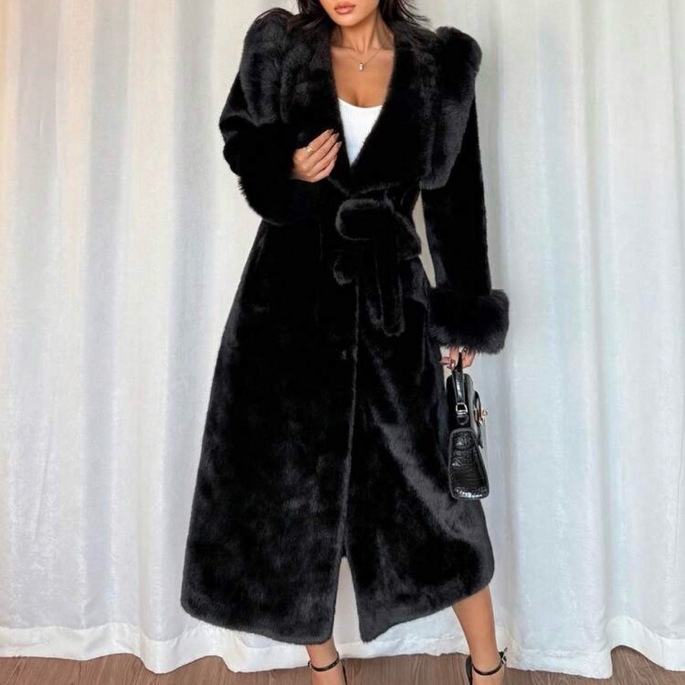 Elegant Black Faux Fur Long Coat - Luxury Women's Outerwear - Picture 4 of 6